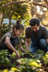 Young girl and man tend to plants in garden. Planting flowers in black pots among trees, green plants create peaceful atmosphere. Family gardening activity outdoors teaches eco-friendly habits.