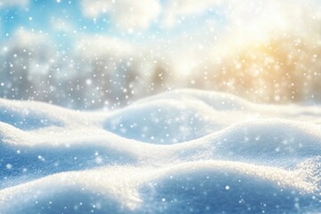 Winter snow background with snowdrifts, with beautiful light and snow flakes on the blue sky in the evening, banner format, copy space with generative ai