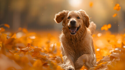 Golden Retriever Running Through Autumn Leaves Photo