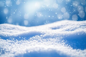 Naklejka premium Winter snow background with snowdrifts, with beautiful light and snow flakes on the blue sky in the evening, banner format, copy space with generative ai