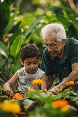 Obraz premium Elderly man and young boy plant flowers together in a lush garden. Grandfather and grandson bond over nature. Intergenerational connection in a green oasis.