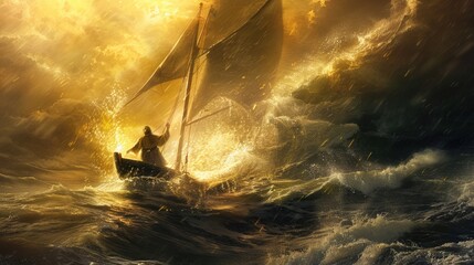 Jesus at the helm of a boat in stormy seas illuminated by a golden light