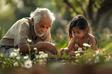 Obraz premium Elderly man plants seed with young girl in lush garden. Grandfather and child share gardening activity together. Vibrant flowers surround them creating peaceful atmosphere.
