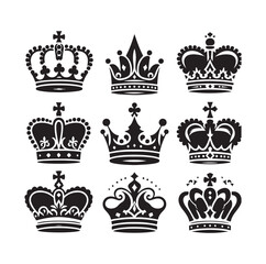 Kings crown icon set silhouette vector illustration