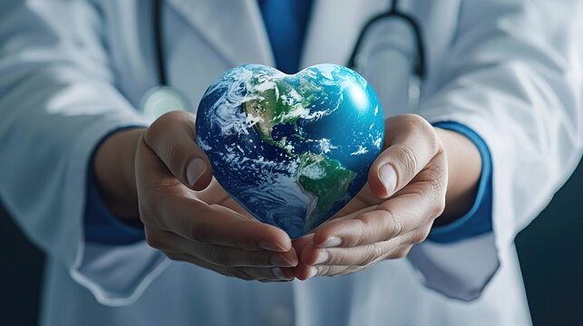 A compassionate doctor holds a globe shaped like a heart, symbolizing the connection between healthcare and global well-being.