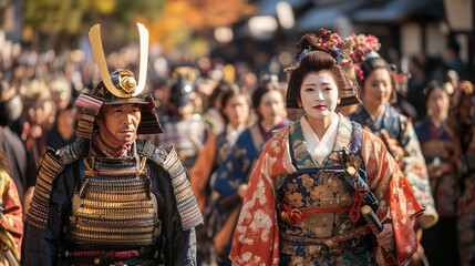 Obraz premium Jidai Matsuri Festival, view of a large parade featuring traditional costumes from the Edo, Heian, and Meiji eras, samurai in full armor and women in kimonos walking down the main street of Kyoto