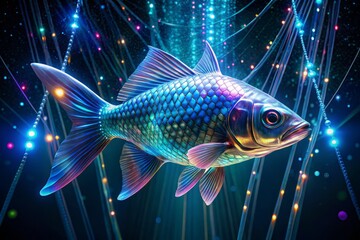 A Holographic Representation Of A Fish, Suspended In A Digital Void, Its Scales And Fins Shimmering With Iridescent