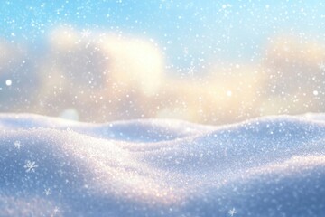 Winter snow background with snowdrifts, with beautiful light and snow flakes on the blue sky in the evening, banner format, copy space with generative ai