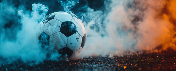  classic white soccer ball background with smoke. orange and blue light, sport banner with copy-space. 