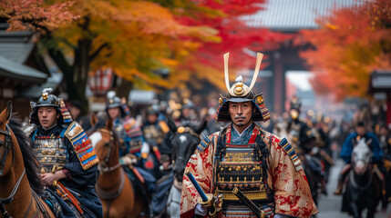 Obraz premium Kyoto Jidai Matsuri Festival, a grand parade with participants wearing traditional Japanese costumes from various eras, rows of samurai, nobles, and horse riders marching along the city streets