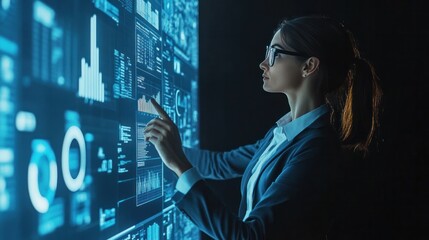 A business professional reviewing a detailed digital analysis on a floating screen after achieving a major business target