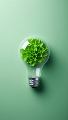 Green energy for human health. The concept of ecology. Green leaf lettuce in a light bulb