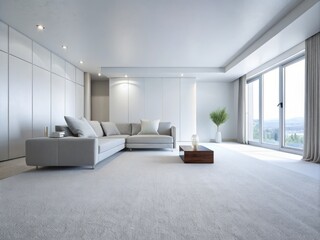 A white carpet's subtle texture and gentle foldlines adorn the modern room's floor, evoking a sense of serenity