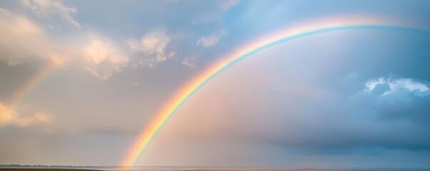 A vibrant rainbow arches across a scenic sky, showcasing beautiful colors against soft clouds and tranquil surroundings.