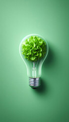 Green energy for human health. The concept of ecology. Green leaf lettuce in a light bulb