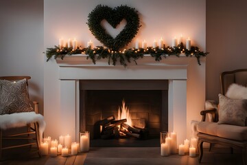A cozy fireplace scene with a heart shaped wreath hanging above the mantle and glowing candles, AI Generated