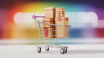 A shopping cart filled with neatly stacked gift boxes against a colorful blurred background