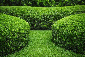 Fresh green burmuda grass smooth lawn as a carpet with curve form of bush, trees on the background, good maintenance landscapes in a garden under cloudy sky and morning sunlight



