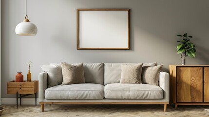 Living room interior with a grey sofa, pillows, wooden cupboard, lamp, and poster.