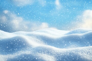 Winter snow background with snowdrifts, with beautiful light and snow flakes on the blue sky in the evening, banner format, copy space with generative ai