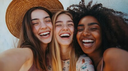 Fototapeta premium Three young women laughing together while taking a selfie.