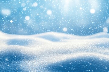 Winter snow background with snowdrifts, with beautiful light and snow flakes on the blue sky in the evening, banner format, copy space with generative ai