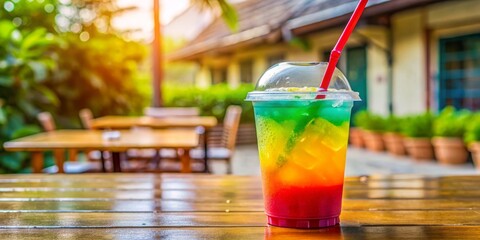 Cool, colorful drink in a clear plastic cup with rounded contours and a straw, allowing vibrant hues to