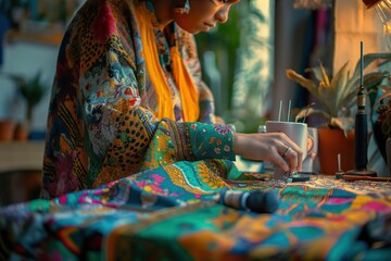 Fototapeta premium LGBTQ person sews colorful fabric in cozy studio setting. Person wears patterned robe, holds needle and thread. Tablecloth with geometric pattern, potted plant, lamp create creative atmosphere.