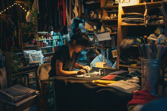 Young woman sews custom clothing in cluttered studio. She sits at desk with scissors and fabric scraps. Room filled with clothes, books, and lamp. Creative space for fashion designer or tailor. - Powered by Adobe
