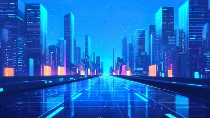 Futuristic cityscape at night with glowing skyscrapers and vibrant lights reflecting on the road, creating a digital atmosphere.