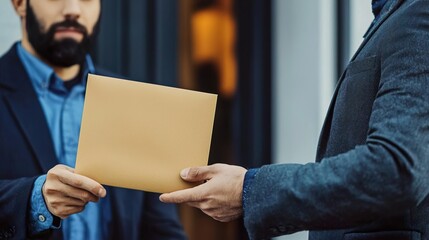 A man hands over a brown envelope in a professional setting, symbolizing delivery or communication between individuals.