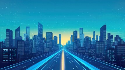 A vibrant digital cityscape at twilight, featuring skyscrapers and a glowing road leading into the horizon.