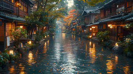 Fototapeta premium Autumn Evening Waterway in Japanese Village Illustration