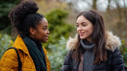 Fototapeta premium Young women engaged in a deep conversation in a park.