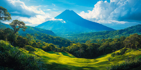 Fototapeta premium Vibrant landscape of Costa Rica featuring a majestic volcano amidst lush forests and rolling hills, ideal for travel and nature themes.