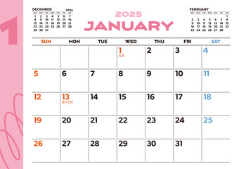 2025年シンプル卓上カレンダー：1月、日本の祝日・行事入り