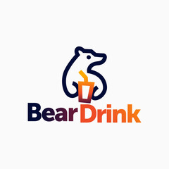 bear and cup logo, bear holding juice drink with straw Mascot cartoon vector icon illustration bear, beverage juice honey tea brand design.