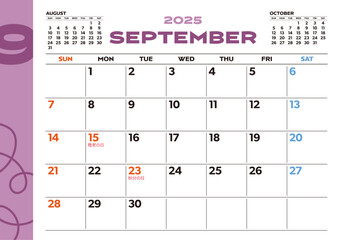2025年シンプル卓上カレンダー：9月、日本の祝日・行事入り