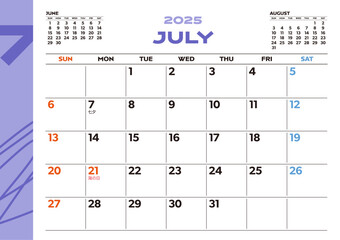 2025年シンプル卓上カレンダー：7月、日本の祝日・行事入り