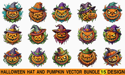 Halloween Hat And Pumpkin Vector T-shirt Bundle, witch hat illustration, spooky Halloween pumpkin set, 
 witch hat vector pack.