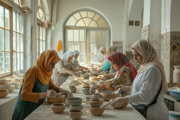 Middle Eastern women create pottery in bright workshop. Wear traditional headscarves, aprons focused on work. Natural light floods through large windows, blue archway behind.