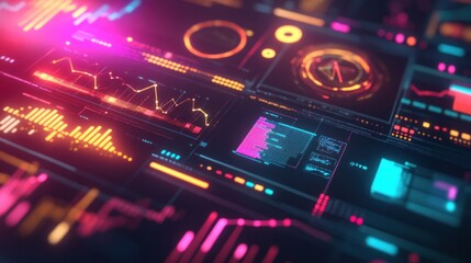 Obraz premium A modern presentation showing interactive charts filled with business success icons, glowing in neon colors