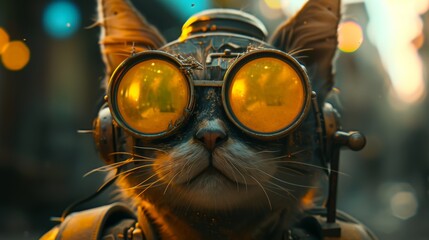 Detailed close-up of a steampunk cat wearing reflective orange goggles. The cat's intense gaze through the goggles highlights the blend of steampunk and futuristic design elements, creating a striking