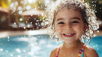 Fototapeta premium Joyful Summer Child Playing Splashing Water Pool Outdoor Sunshine
