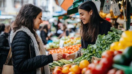 Obraz premium Young women shopping at an outdoor market.