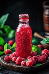Fresh Raspberry Juice Bottle With Raspberries isolated on a white background