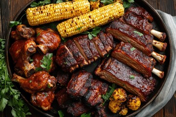 A top view of a barbecue platter with ribs, chicken wings, brisket, and corn on the cob, all garnished with herbs