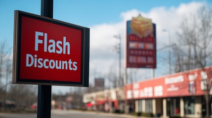 Fototapeta premium Red Sign with Flash Discounts on a Pole in Front of a Blurred Building