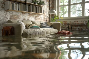 Cozy living room scene flooded by water, showcasing beige sofa, wooden side table. Natural light pours in through large window. Coffee table holds book, plant. Rustic brick wall adds charm to space.