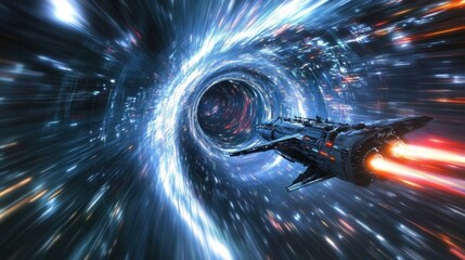 A spaceship traveling through a colorful, dynamic wormhole in a sci-fi universe.